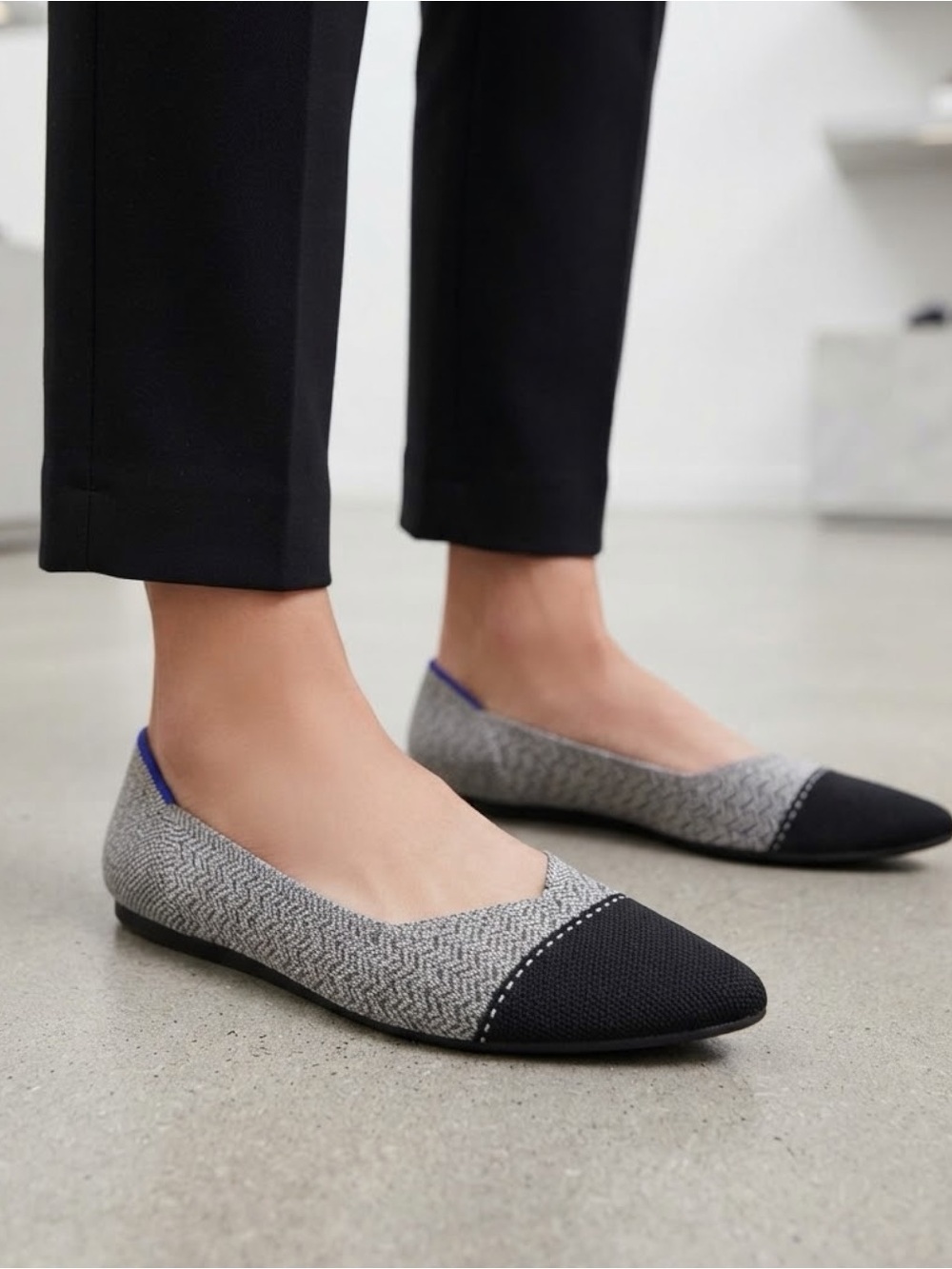 Rothy's The Point Black & Grey Herringbone Cap-Toe Flats Size 7